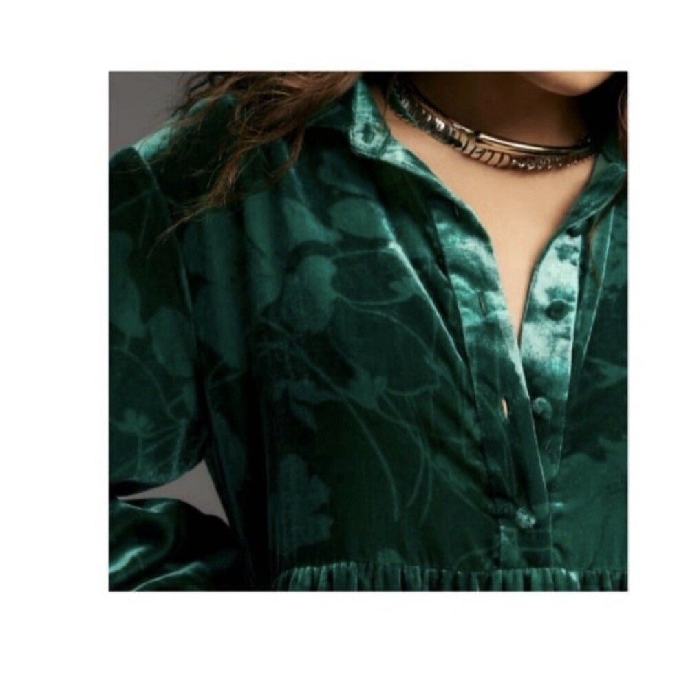 Anthropologie Maeve Bettina Tiered Mini Shirt Dress XS Green Velvet‎ Floral - Picture 3 of 9